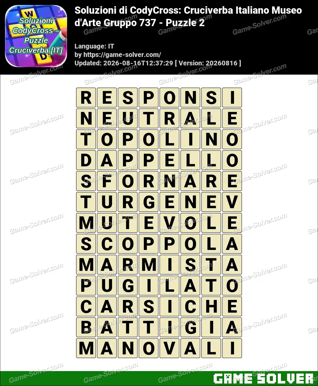 Soluzioni di CodyCross: Cruciverba Italiano Museo d’Arte Gruppo 737 – Puzzle 2